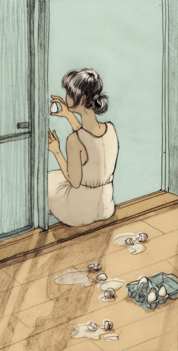 Illustration inspired by Mieko Kawakamis Breasts and Eggs Novel, broken Eggshells lying on floor and sitting woman from behind in the doorway